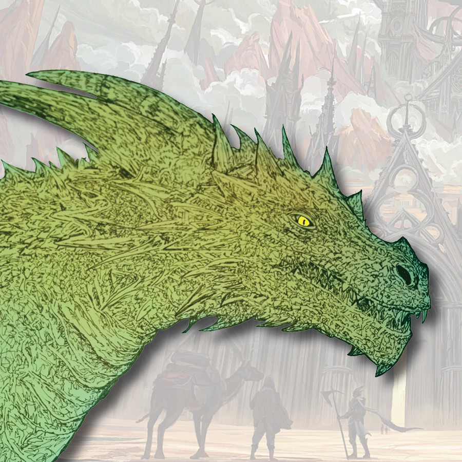 Fantasy Art illustration: Green dragon with a yellow eye on a faded backdrop of medieval architectural elements.