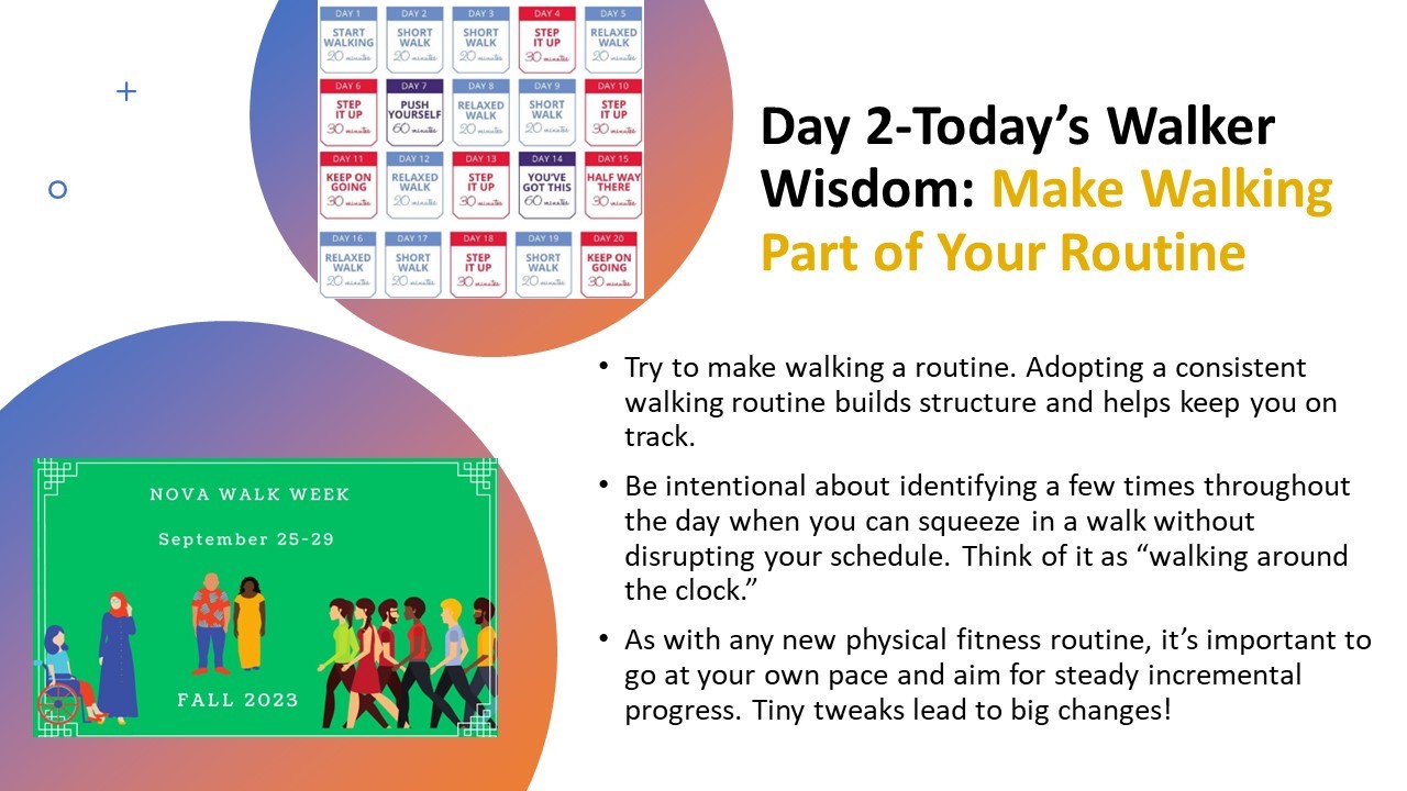 Day 2 Walker Wisdom: Make Walking Par tof Your Routine.  3 Bullets: 1. Try to make walking a routine. adopting a consistent walking routine builds structure and helps keep you on track. 2.Be intentional about identifying a few times throughout the day when you can squeeze in a walk without disrupting your schedule. Think of it as "walkjng around the clock." 3. As with any new physical fitness routine, it is important to go at your own pace and aim for steady incremental progress. Tiny tweaks lead to big changes. One circle contains the NOVA Walk Week green flyer with diverse people walking. Another circle contains a suggested five-day-per-week calendar with a walking schedule. Contact Dahlia Henry-Tett, CWO, for more, DHenryTett at NVCC dot edu.