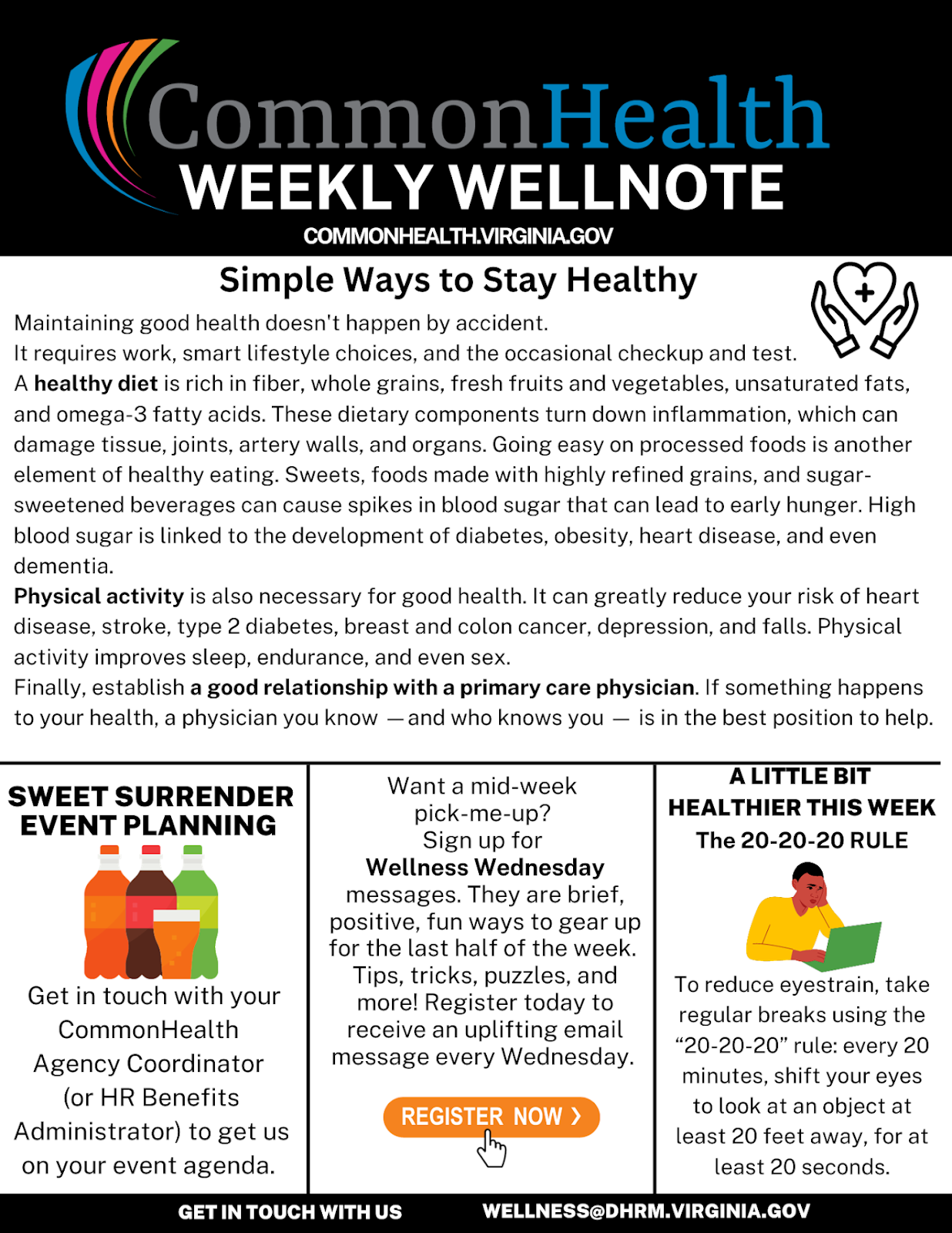 Black CommonHealth masthead with rainbow swoop. CommonHealth Weekly Wellnote commonhealth dot virginia dot gov. Top center panel: Simple ways to stay healthy. Line drawing of two hands holding a heart with a plus symbol in the middle. Maintaining good health doesn't happen by accident. It requires work, smart lifestyle choices and the occasional checkup and test. A healthy diet is rich in fiber, whole grains, fresh fruits and vegetables, unsaturated fats, and omega-3 fatty acides. These dietary components turn down inflammation, which can damage tissue, joints, artery walls and organs. Going easy on processed foods is another element of healthy eating. Sweets, foods made with highly refined grains and sugar-sweetened beverages can cause spikes in blood sugar that can lead to early hunger. High blood sugar is linked to the development of diabetes, obesity, heart disease and even dementia. Physical activity is also necessary for good health. It can greatly reduce your risk of heart disease, stroke, type 2 diabetes, breast and colon cancer, depression and falls. Physical activity improves sleep, endurance and even sex. Finally, establish a good relationship with a primary care physician. If something  happens to your health, a physician you know--and who knows you--is in the best position to help. Black horizontal line with three columns beneath. Left column: sweet surrender event planning. Illustration of three two-liter bottles of soda (orange, cola, lemon-lime) and a glass filled with orange soda. Get in touch with your CommonHealth Agency coordinator or HR benefits administrator to get us on your event agenda. Center column: Want a mid-week pick-me-up? Sign up for Wellness Wednesday message. They are brief, positive, fun ways to gear up for the last half of the week. Tips, tricks, puzzles and more! Register today to receive an uplifting email message every wednesday. Orange elliptical button that says Register Now. Right column: A little bit healthier this week. The 20 hyphen 20 hyphen 20 Rule: To reduce eyestrain, take regular breaks using the 20 hyphen 20 hyphen 20 rule. Every 20 minutes, shift your eyes to look at an object at least 20 feet away for at least 20 seconds. Black band with white type: "Get in touch with us wellness at dhrm dot virginia dot gov