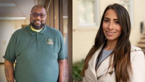 At left, photograph of NOVA graduate and University of Virginia transfer student Jim Carlisle. Jim, wearing glasses and a green NOVA polo shirt, smiles for the camera. At right, NOVA graduate and Yale University transfer student Laurie Jimenez smiles for the camera while wearing a beige raincoat. 