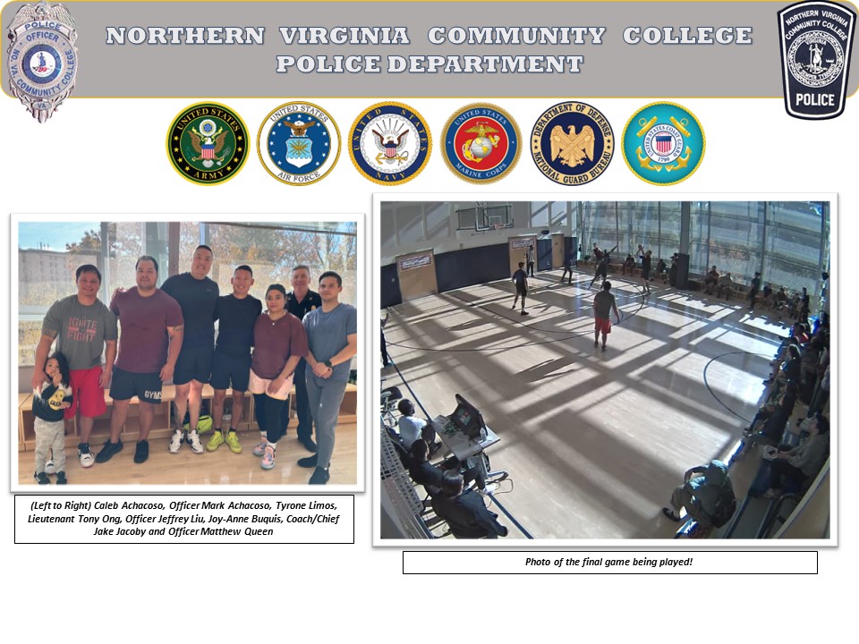 Flyer image: grey band at top with a Virginia PD shield on left and NOVA PD shield on right and white type: Northern Virginia Community College Police Department. Split photos: Left-Line up of players: Caleb Achocosos, Mark Achocoso, Tyrone Limos, Lt. Tony Ong, Jeffrey Liu, Joy-Anne Buquis, "Coach"/Chief Jake Jacoby and Officer Matthew Queen.  Second photo: Aerial shot of gym with teammembers playing basketball
