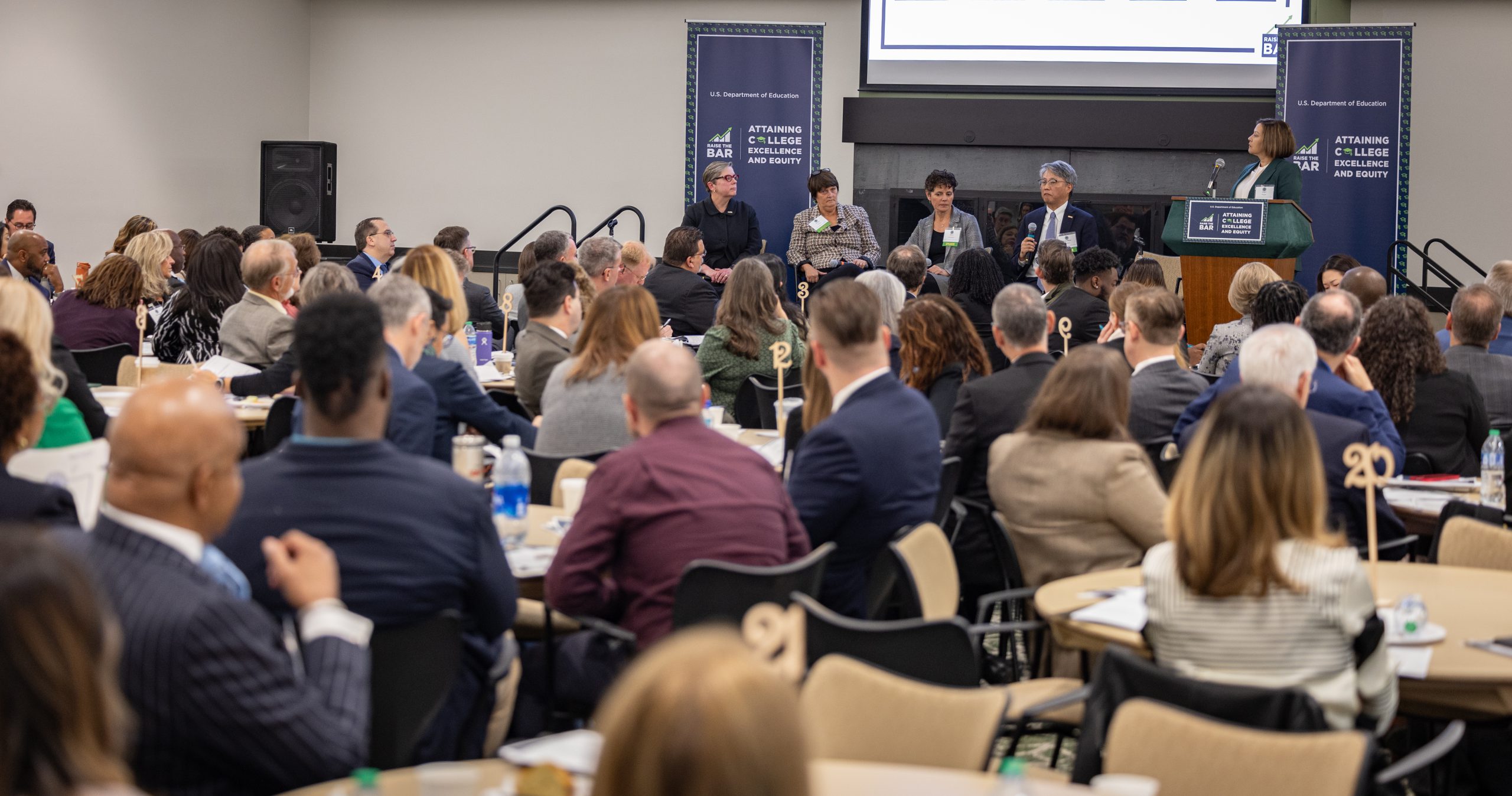 Photograph of leadership panel, including NOVA President Anne M. Kress and NOVA Vice President of Academic Affairs and Chief Academic Officer Eun-Woo Chang, at the summit for the Raise the Bar: Attaining College Excellence and Equity Initiative held in the Long Nguyen and Kimmy Duong Forum on NOVA’s Annandale Campus.