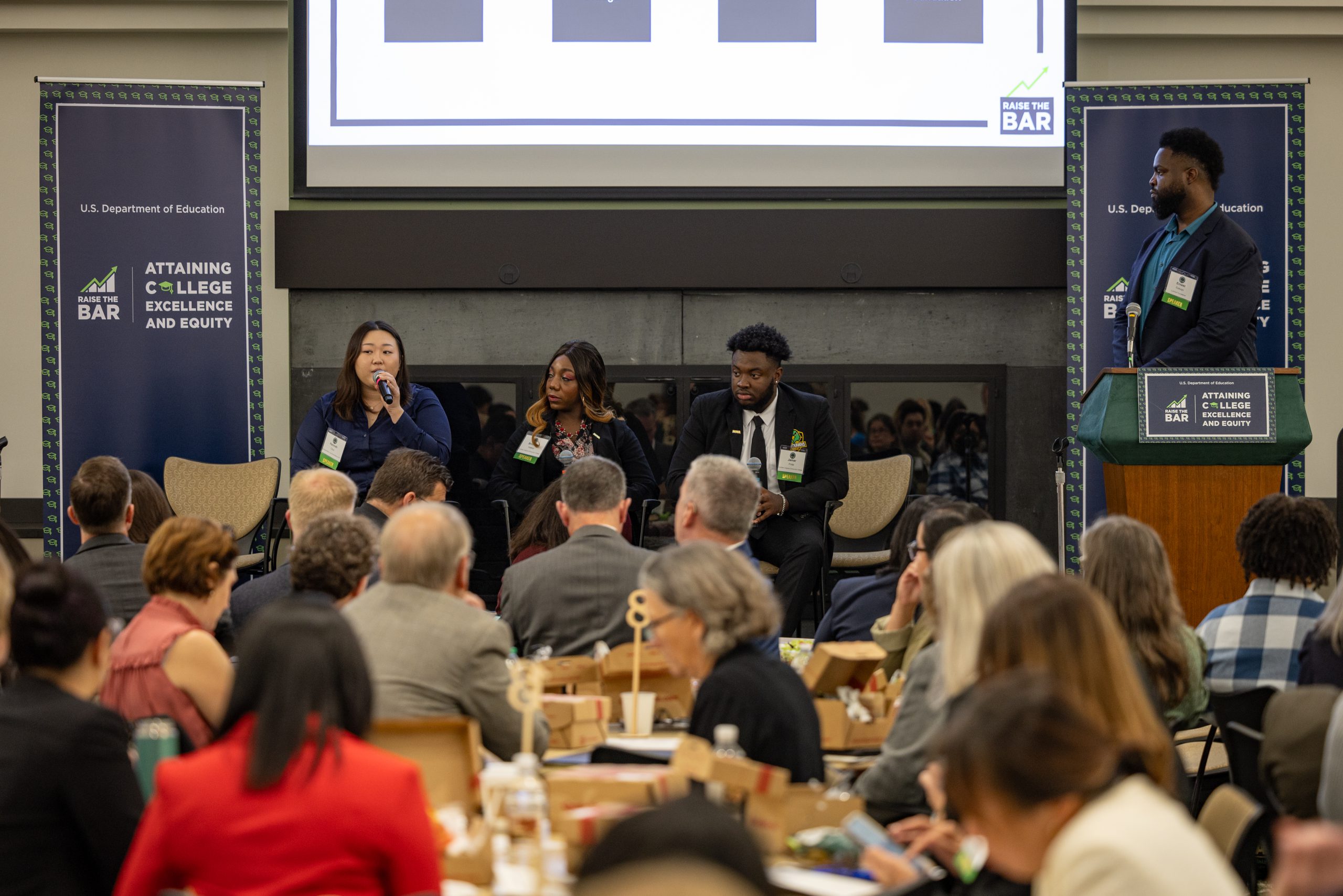 Photograph of student panel, including Hannah Choi, Brionna Walker and Jamar Pride, at the summit for the Raise the Bar: Attaining College Excellence and Equity Initiative held in the Long Nguyen and Kimmy Duong Forum on NOVA’s Annandale Campus.