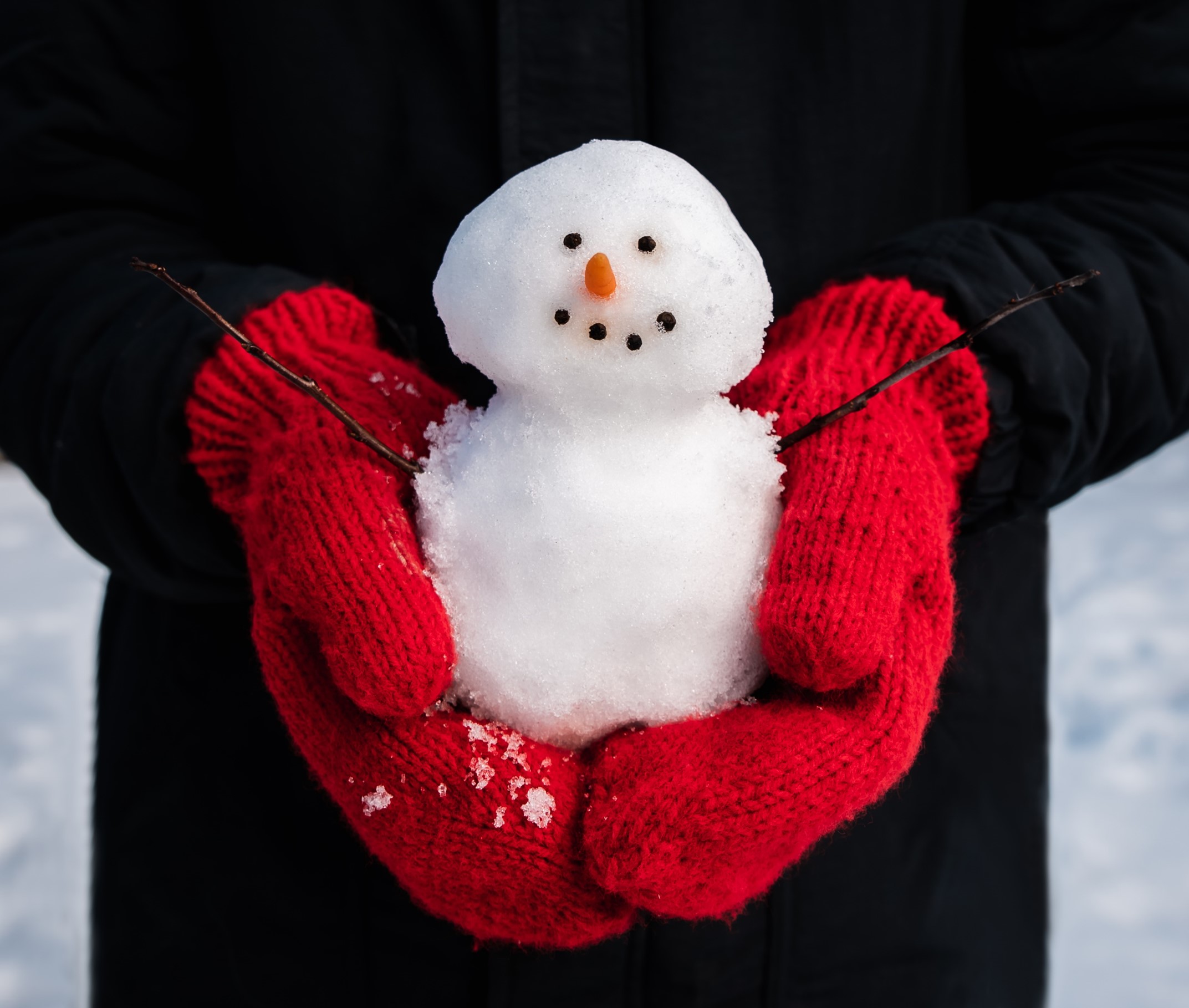 Person wearing a black coat and bright red mittens stands in the snow and holds forth a little snowman with tiny raisin eyes, a baby carrot nose and a happy raisin smile.