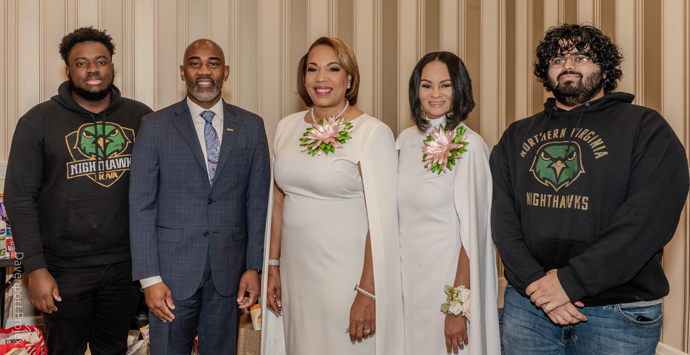 From left to right: Woodbridge student Jamar Pride, Woodbridge Campus Provost Dr. Richmond Hill, AKA Regional Director Nadine Vargas Stewart, AKA Regional Director Elicia Pegues Spearman, and Woodbridge student Umar Kahn.