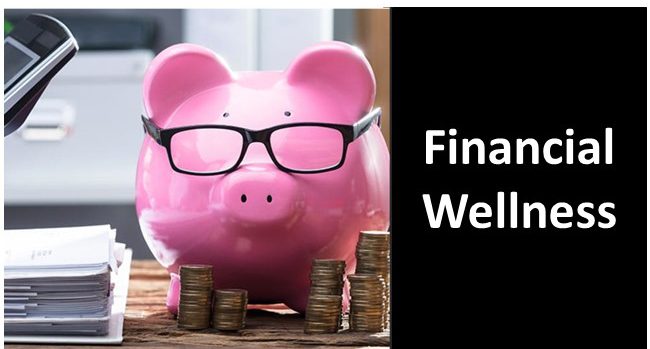 Horizontal, rectangular graphic. At left is a stock photo of a pink piggy bank wearing black glasses. Coins are stacked on a table in piles in front of the piggy bank. Behind, in the distance, is a gray filing cabinet. At right, against a black background, are the words "Financial Wellness" in white text.