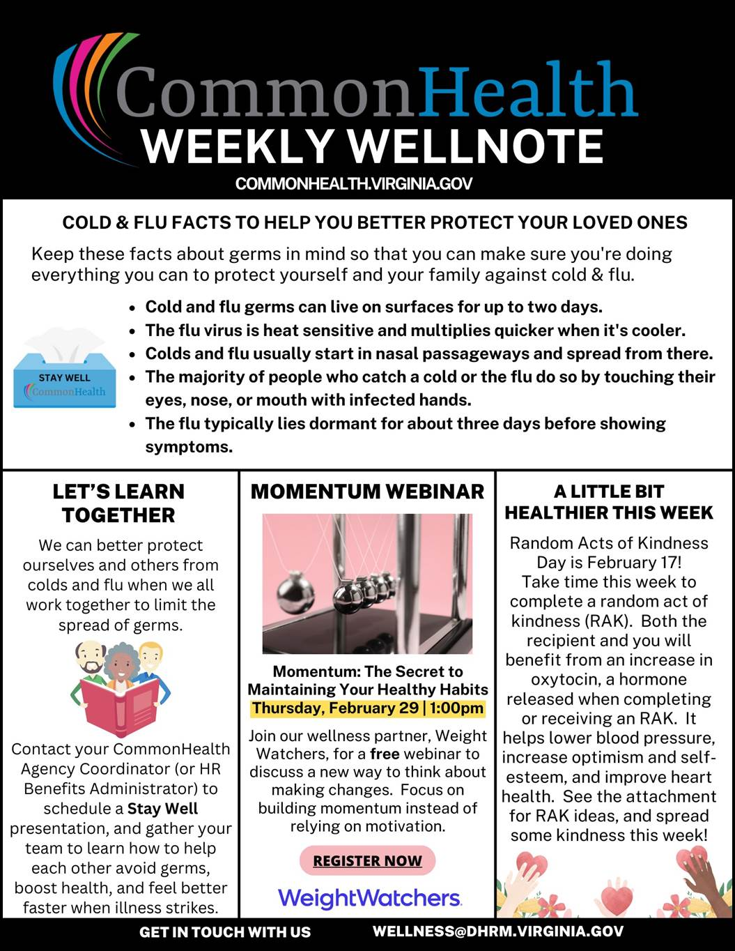 Title panel spanning the top: "CommonHealth Weekly Wellnote" with rainbow swoop. URL: Commonhealth dot Virginia dot gov

Top panel spanning across the image: COLD AND FLU FACTS TO HELP YOU BETTER PROTECT YOUR LOVED ONES (with cartoon image of a blue tissue box that reads "Stay Well")
Keep these facts about germs in mind so that you can make sure you're doing
everything you can to protect yourself and your family against cold and flu:
- Cold and flu germs can live on surfaces for up to two days.
- The flu virus is heat sensitive and multiplies quicker when it's cooler.
- Colds and flu usually start in nasal passageways and spread from there.
- The majority of people who catch a cold or the flu do so by touching their
eyes, nose, or mouth with infected hands.
- The flu typically lies dormant for about three days before symptoms appear.

Three smaller columns below main section:

LET’S LEARN TOGETHER (with cartoon drawing of three people — a woman and two men — reading a red book together)  
We can better protect ourselves and others from colds and flu when we all work together to limit the spread of germs. Contact your CommonHealth agency coordinator (or HR benefits administrator) to schedule a Stay Well presentation, and gather your team to learn how to help each other avoid germs, boost health, and feel better faster when illness strikes.

MOMENTUM WEBINAR (with close-up photo of small metal pendulum device against a pink background)
Momentum: The Secret to Maintaining Your Healthy Habits 
Thursday, February 29, 1:00 p.m. 
Join our wellness partner Weight Watchers for a free webinar to discuss a new way to think about making changes. Focus on building momentum instead of relying on motivation.

A LITTLE BIT HEALTHIER THIS WEEK (with cartoon drawings of hands at bottom reaching up holding pink hearts)  
Random Acts of Kindness Day is February 17! Take time this week to complete a random act of kindness (RAK). Both the recipient and you will benefit from an increase in oxytocin, a hormone released when completing or receiving an RAK. It helps lower blood pressure, increase optimism and self-esteem, and improve heart health. See the attachment for RAK ideas, and spread some kindness this week!

At bottom: Get in touch with us
Wellness at DHRM dot Virginia dot gov 
