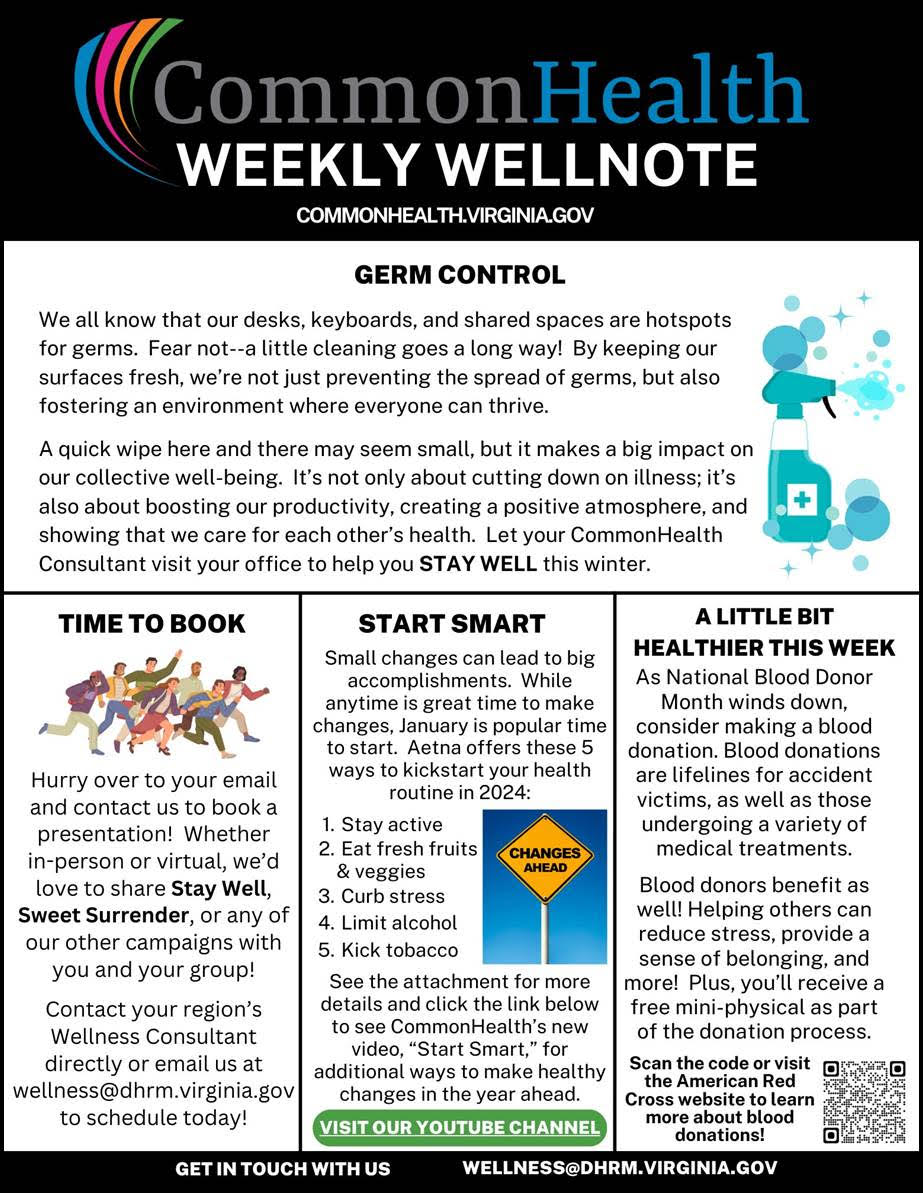 Title panel spanning the top: "CommonHealth Weekly Wellnote" with rainbow swoop. URL: Commonhealth dot Virginia dot gov

Top panel spanning across the image: GERM CONTROL
We all know that our desks, keyboards, and shared spaces are hotspots for germs. But fear not — a little cleaning goes a long way! By keeping our surfaces fresh, we’re not just preventing the spread of germs — we’re fostering an environment where everyone can thrive. A quick wipe here and there may seem small, but it makes a big impact on our collective wellbeing. It’s not only about cutting down on illness; it’s also about boosting our productivity, creating a positive atmosphere, and showing that we care for each other’s health. Let your CommonHealth coordinator visit your office to help you STAY WELL this winter. 

Three smaller panels: 

TIME TO BOOK: Hurry over to your email and contact us to book a presentation! Whether in-person or virtual, we’d love to share Stay Well, Sweet Surrender, or any of our other campaigns with you and your group! Contact your region’s wellness consultant directly or email us at wellness at dhrm dot virginia dot gov to schedule today!

START SMART: Small changes can lead to big accomplishments. While anytime is a great time to make changes, January is a popular time to start. Aetna offers these 5 ways to kickstart your health routine in 2024: 1. Stay active; 2. Eat fresh fruits & veggies; 3. Curb stress; 4. Limit alcohol; 5. Kick tobacco. See the attachment for more details and click the link below to see Commonhealth’s new video, “Start Smart,” for additional ways to make healthy changes in the year ahead. (Green button with link to Youtube channel for CommonHealth VA: https colon forward slash forward slash www dot youtube dot com forward slash at commonhealthva 9169 forward slash videos)

A LITTLE BIT HEALTHIER THIS WEEK: As National Blood Donor Month winds down, consider making a blood donation. Blood donations are lifelines for accident victims, as well as those undergoing a variety of medical treatments. Blood donors benefit as well! Helping others can reduce stress, provide a sense of belonging, and more! Plus, you’ll receive a free mini physical as part of the donation process. Scan the QR code or visit the American Red Cross website to learn more about blood donations! https colon forward slash forward slash www dot redcrossblood dot org forward slash

Footer at bottom: Get in touch with us: wellness at dhrm dot virginia .gov
