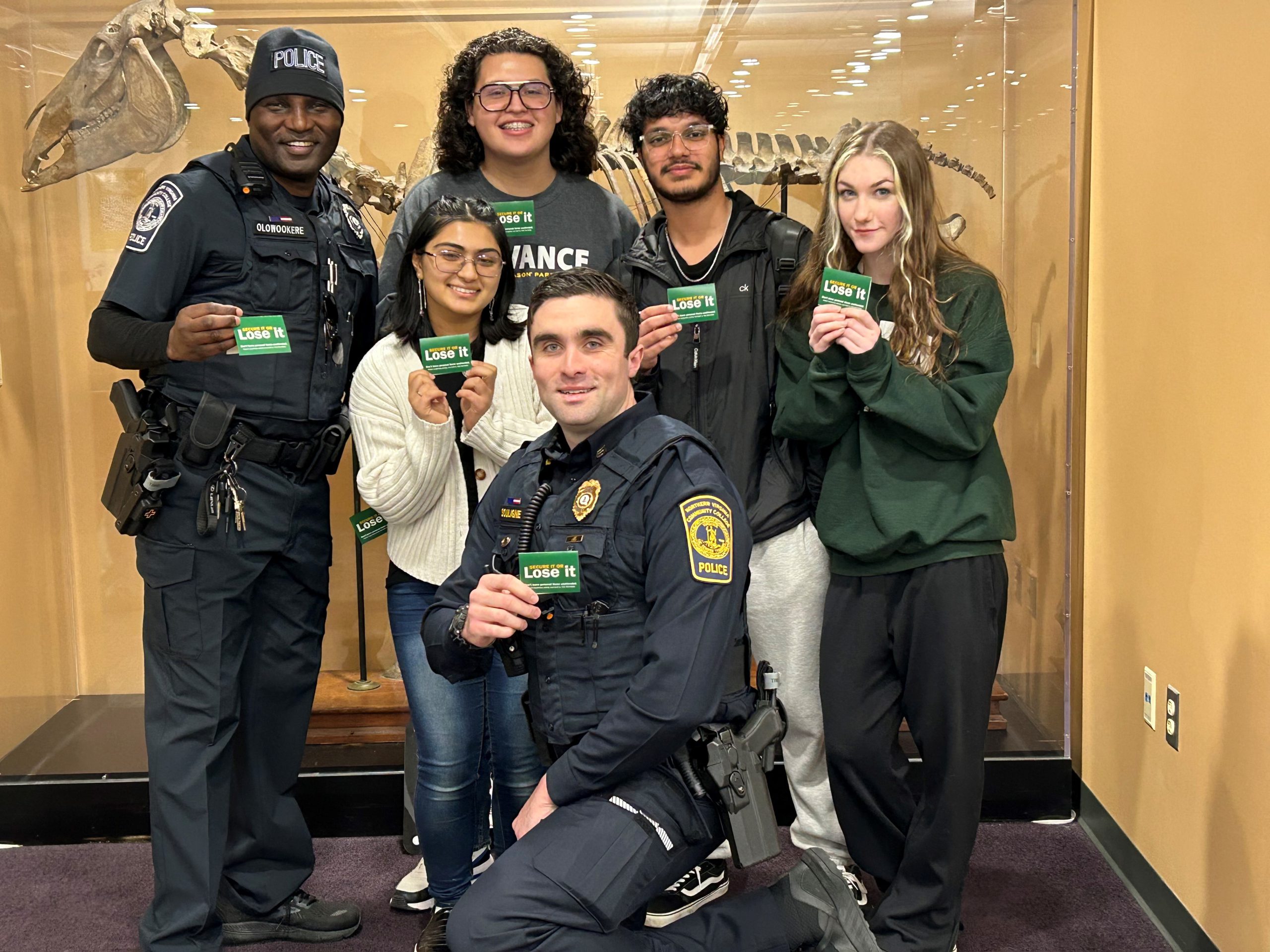 Student and NOVA Officers from the NOVA Loudoun Campus: Officer Samuel Olowookere, NOVA Students, Jason Menjivar, Ibaad Hassan, and Katie Walden. Bottom (Left-Right): NOVA Student, Rashmika Tahsin and Sergeant Samuel Souligne
