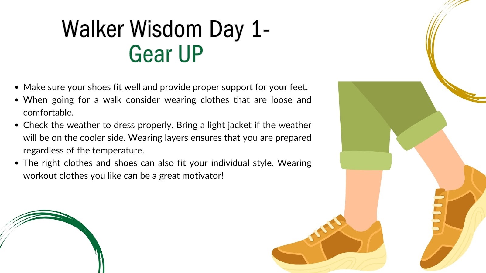 Flyer: Walker Wisdom Day 1: Gear Up. Four bullets: Make sure your shoes fit well and provide proper support for your feet. When going for a walk, consider wearing clothes that are loose and comfortable. Check the weather to dress properly. Bring a light jacket if the weather will be on the cooler side. Wearing layers ensures that you are prepared regardless of the temperature. The right clothes and shoes can also fit your individual style. Wearing workout clothes you like can be a great motivator. Illustration of walking feet wearing green pants and yellow/gold sneakers.