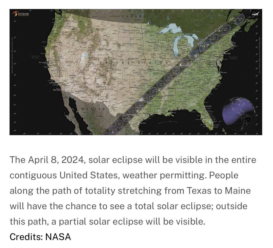 Image of the continental United States showing path of totality for April 8, 2024, solar eclipse. Caption: "The April 8, 2024, solar eclipse will be visible in the entire contiguous United States, weather permitting. People along the path of totality stretching from Texas to Maine will have the chance to see a total solar eclipse; outside this path, a partial solar eclipse will be visible. Credits: NASA."