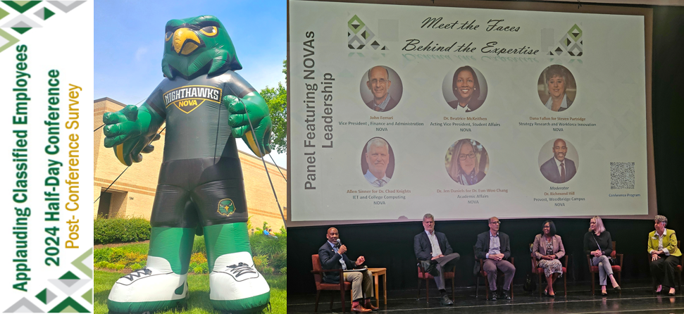 Two photographs, side by side. At left, words "Applauding Classified Employees, 2024 Half-Day ACE Conference Post-Conference Survey" appear in green and gold text between NOVA mosaic elements in gray and green. Next photo is of large blow-up Ace on the Annandale Campus. Next photo is of VP panelists on stage in Black Box Theater at Annandale. Pictured from left to right: Moderator Richmond Hill, provost of NOVA's Woodbridge Campus; Allen Sinner for Dr. Chad Knights, NOVA IET and College Computing; John Ferrari, VP of Finance and Administration; Dr. Beatrice McKeithen, acting VP of Student Affairs; Dr. Jen Daniels for Dr. Eun-Woo Chang, Academic Affairs; and Dana Fallon for Steve Partridge, Strategy, Research and Workforce Innovation.