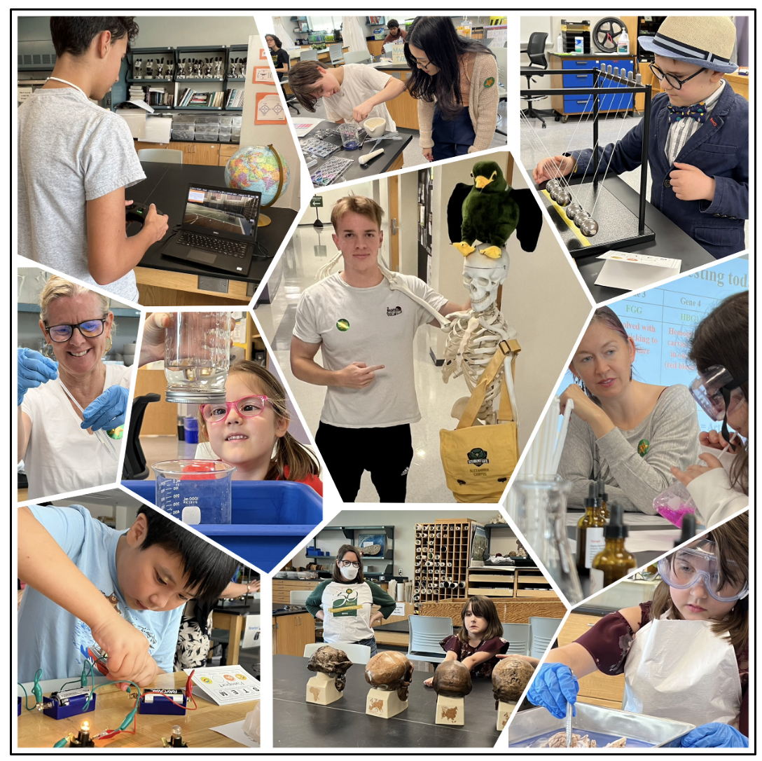 Photo collage of the Alexandria Campus's STEM Day Event on Saturday, April 20, 2024. Ten photographs, cropped in a sort of mosaic style, show adults and children participating in a number of activities, including playing a video game on a computer, observing a pendulum, posing with a plastic skeleton, completing electrical circuits, and more. 