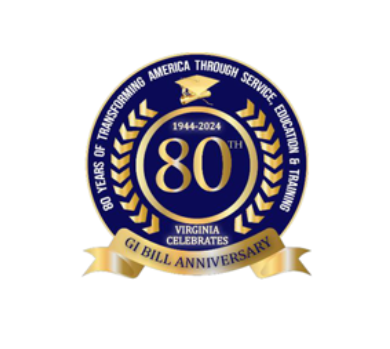 Logo for Virginia's celebration of the 20th anniversary of the GI Bill. Navy blue circle with white text around it: "80 Years of Transforming America Through Service, Education & Training." In center is "80th" in gold, years 1944–2024 in white. At bottom is gold ribbon emblazoned with "GI Bill Anniversary" in blue. Directly above ribbon is "Virginia Celebrates" in white. 