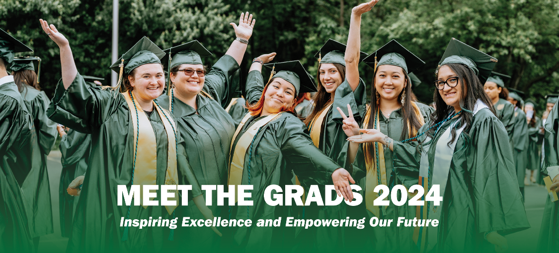 Banner image: a line up of women graduates, smiling with hands in the air, taken outside on graduation day. White text: Meet the Grads 2024: Inspiring Excellence and Empowering Our Future