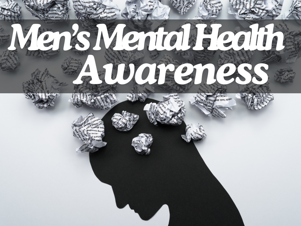 "Men’s Mental Health Awareness" in white text over black banner. The background has a black-and-white image of a person with balled-up newspaper pages.