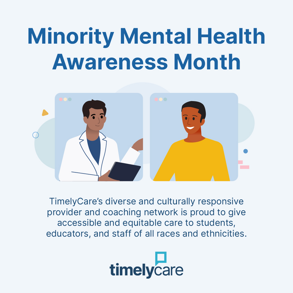Graphic: White background, Blue text: Minority Mental Health Awareness Month. Side by side illustrations of a doctor wearing a lab coat and a smiling patient wearing a bright yellow sweater. Blue text: TimelyCare's diverse and culturally responsive provider and coaching network is proud to give accessible and equitable care to students, educator, and staff of all races and ethnicities. TimelyCare logo