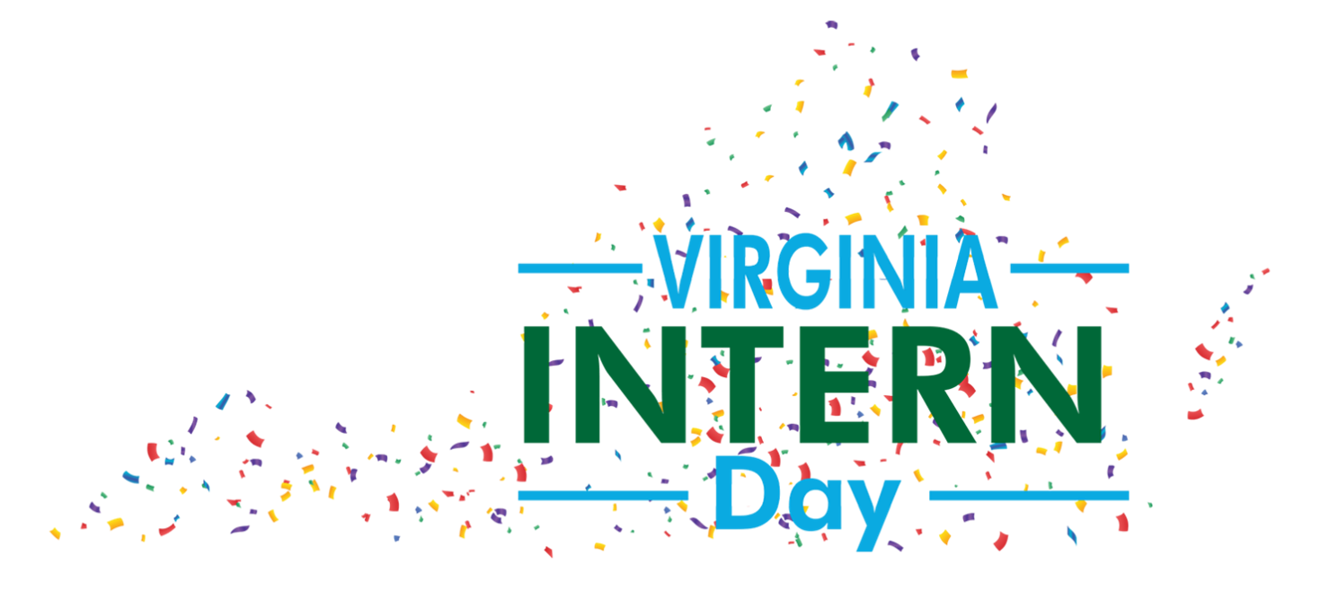 Colorful confetti against a white background in the shape of the state of Virginia. On top of the confetti are the words "Virginia Intern Day" in blue and green. 