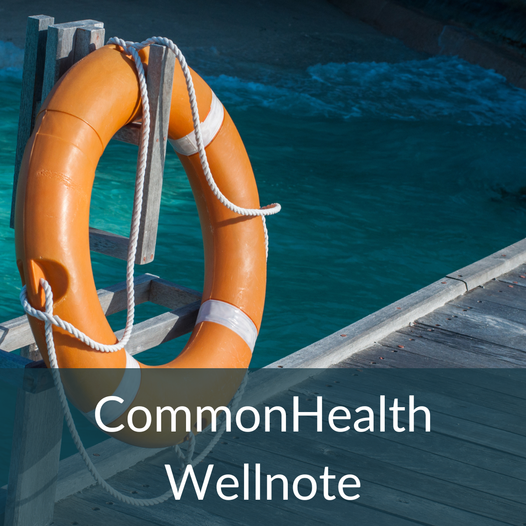 Stock photo of an orange safety ring hanging on a wooden dock, with turquoise and blue water in the background. Over the photo is the text "CommonHealth Wellnote" in white. 