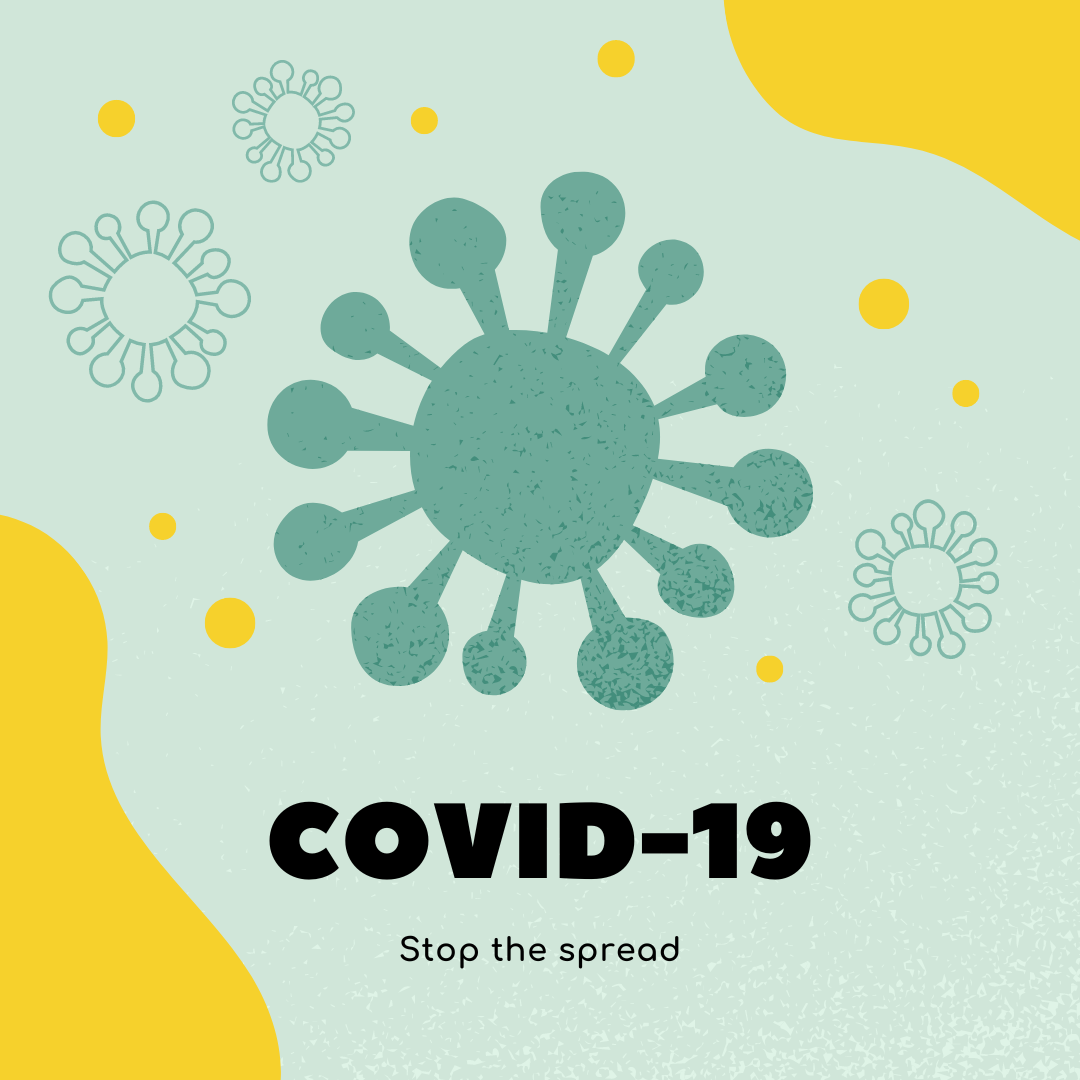Cartoon drawings of the novel coronavirus (COVID-19) in solid and outlined teal against a lighter teal background with bright yellow embellishments. Below the large coronavirus in the center are the words "COVID-19: Stop the Spread" in black. 