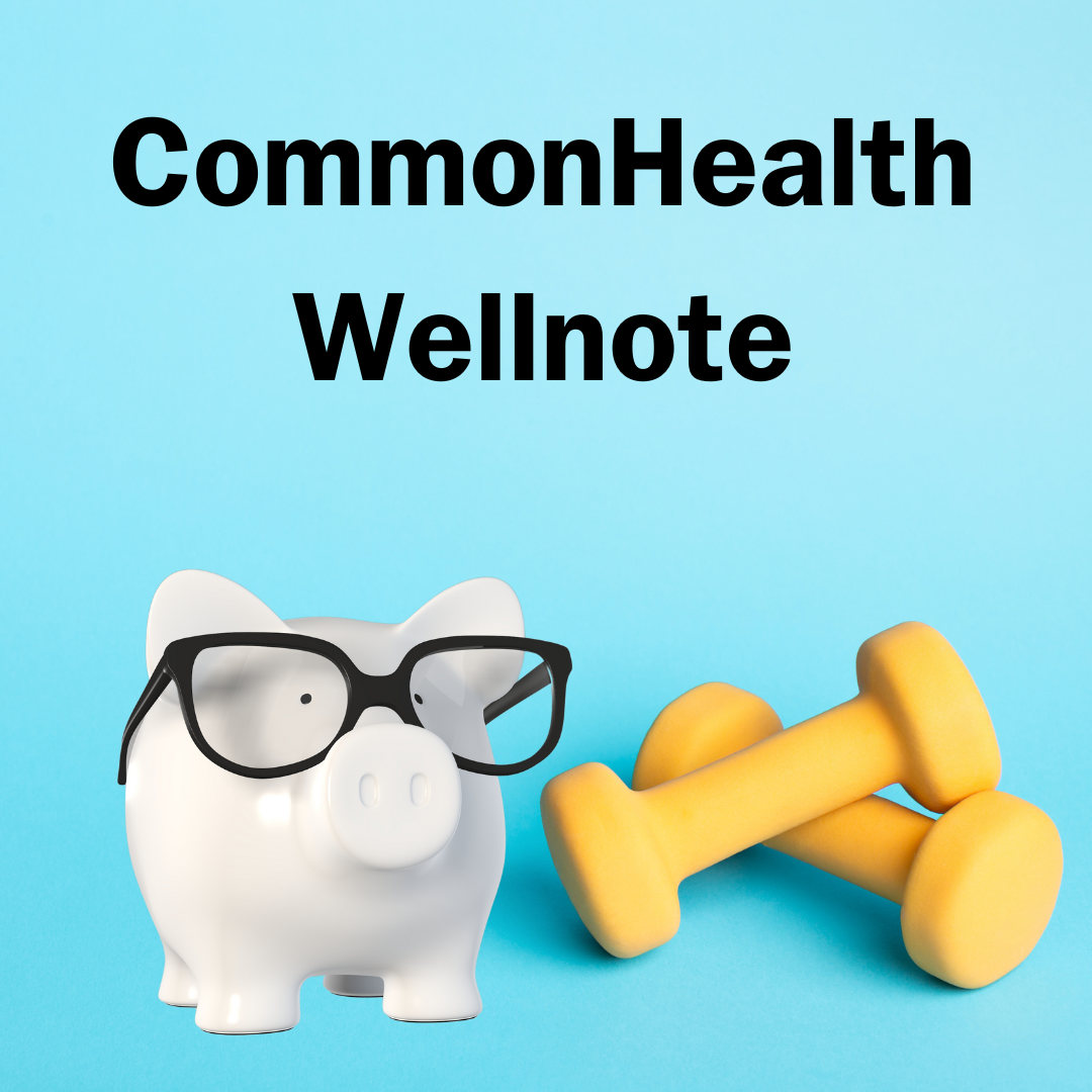 CommonHealth Wellnote. Aqua background with white piggy bank wearing black glasses and standing next to two yellow handweights