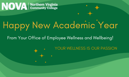 Image: Swirls of green in various depths of color with gold stars. White NOVA logo. Text in Yellow: Happy New Academic Year, Text in White: From Your Office of Employee Wellness and Wellbeing! Text in Yellow: Your wellness is our passion.