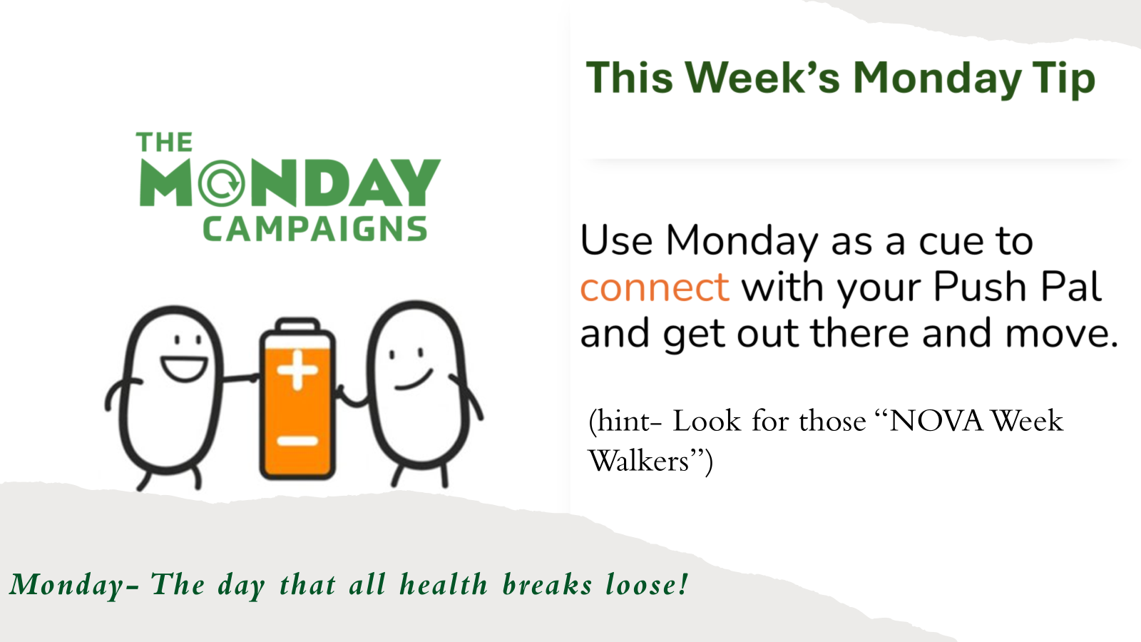 Image: White background. The Monday Campaigns, two beans touching a battery. Text: This Week's Monday Tip. Use Monday as a cue to connect with your Push Pal and get out there and move. (hint-Look for those "NOVA Walk Week Walkers"). Monday- The day that all health breaks loose!