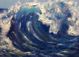 A sample of Fritz Treyz's work: an oil painting of a white-capped wave on a beautiful, sunny day.