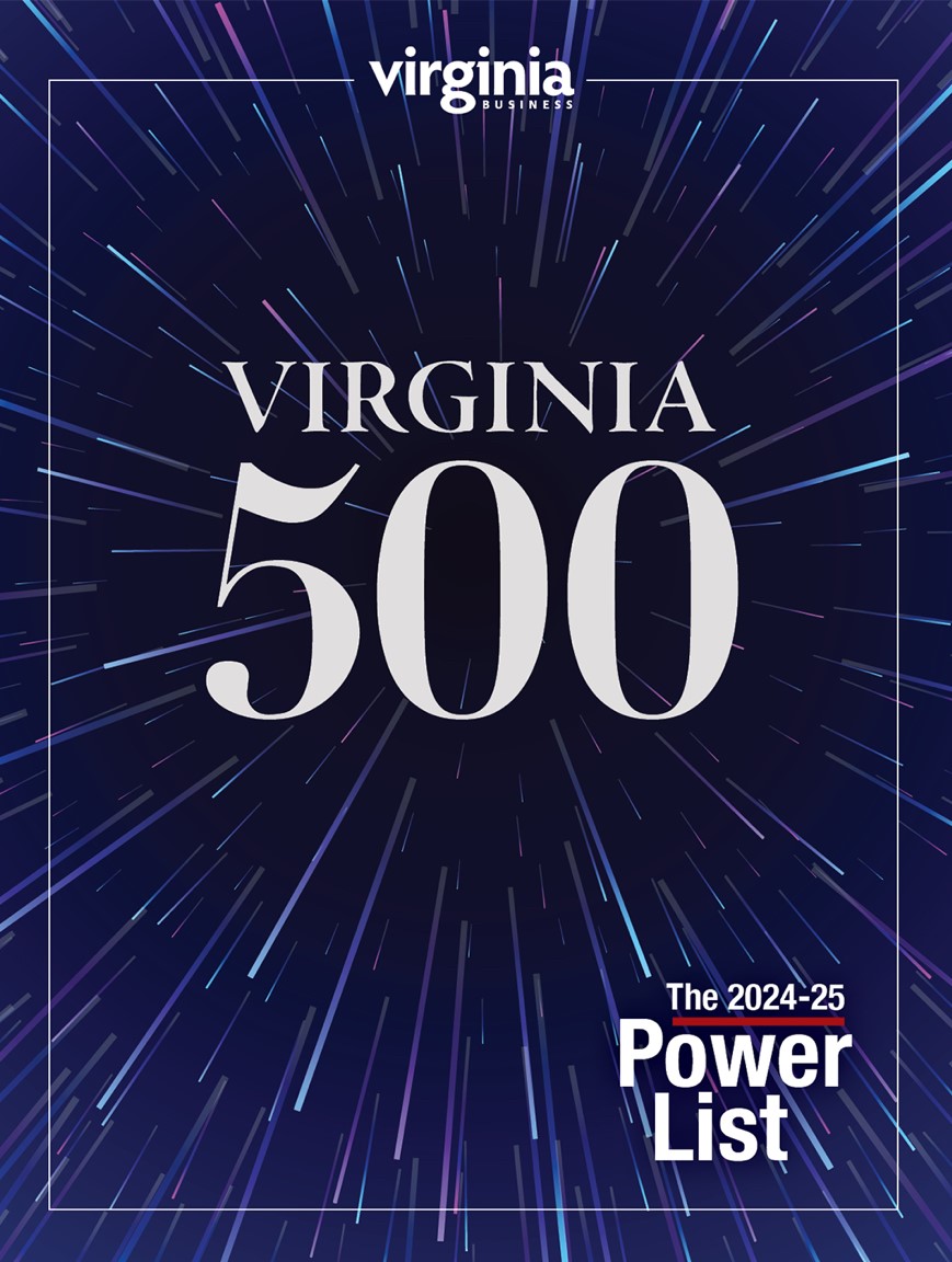 Magazine Cover. Dark blue background with a design like a spaceship moving quickly past stars. White text. Virginia Business logo, Virginia 500, The 2024-25 Power List