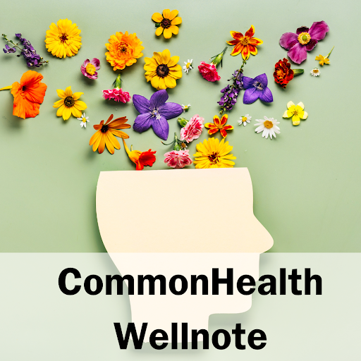 Image of a vase shaped like the profile of a human head with brightly colored wild flowers coming out the top of it. Text: CommonHealth Wellnote, 