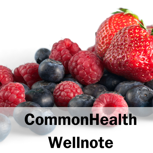 Graphic: A pile of berries consisting of raspberries, blueberries and strawberries with a white background. Black text: CommonHealth Wellnote