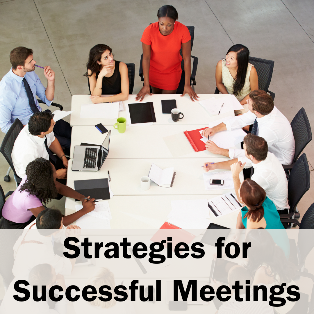 A diverse group of young professionals look toward a young woman standing at the head of the table conducting the meeting. Text: Strategies for Successful Meetings