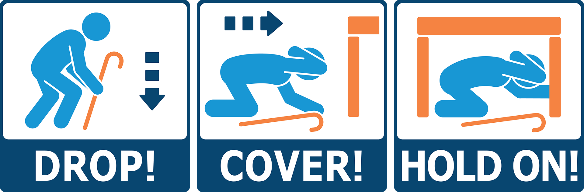 Icons illustrating DROP! (a man with a cane bending to his knees); cover (a man with a cane covering his head; hold on (a man with a cane taking shelter under a table to protect himself from falling debris.