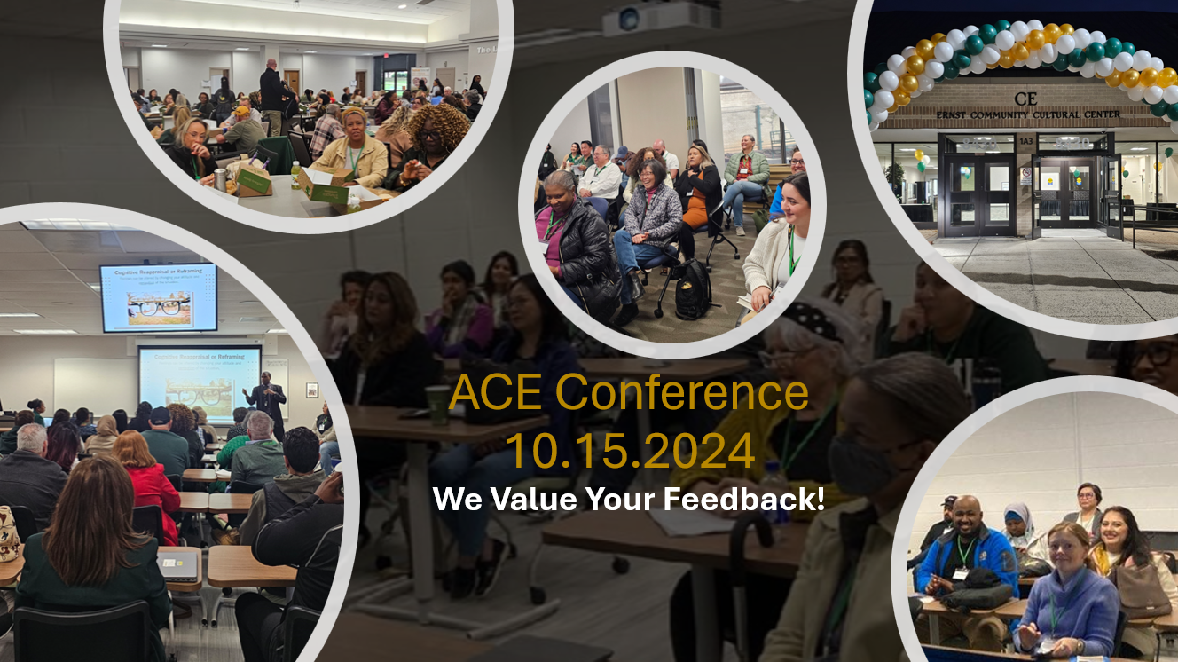 Photo collage of images taken at the ACE Conference at NOVA's Annandale Campus on Tuesday, October 15. Photos capture the following, clockwise from top left: Ernst Center Forum at lunch, employees seated in a classroom, a green and gold balloon arch outside of CE, employees in another classroom, and employees watching a presentation on a projector screen. 