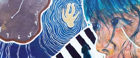 Modern Artwork from Calliope. Dominant color is Blue. Images in quarters from top left to bottom right. Clock that reads 8:05. Blue background with lines rippling out from center and a tan person laying on their back in the middle. Thick black and white stripes almost like piano keys and a black sillhouette image on top. Profile of an Asian person with blue hair with bangs and longer hair whisping across their face with their eyes looking upward at the clock.
