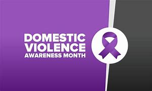 Flyer: Background 2/3 of field Bright purple background| 1/3 of field black, separated by a white stripe and a purple awareness ribbon. White text: Domestic Violence Awareness Month
