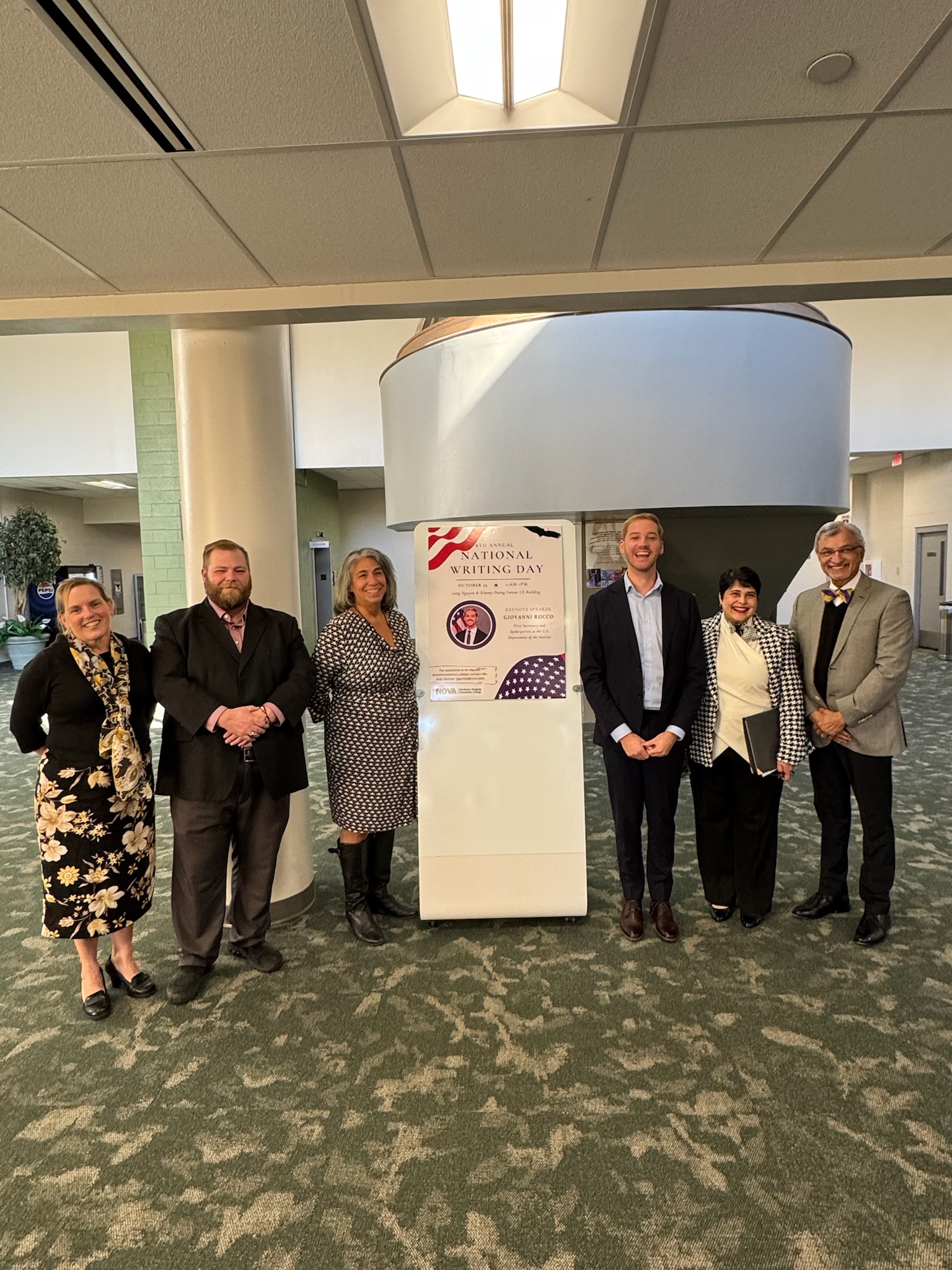 Lineup of National Writing Day leadership: Provost Diane Mucci, Annandale CCOR Tank McCarl, LASS Administrator Judith Gomez, Natl Writing Day Keynote Speaker Giovanni Rocco, Annandale English Professor Rima Gulshan and LASS Dean Hemchand Gossai