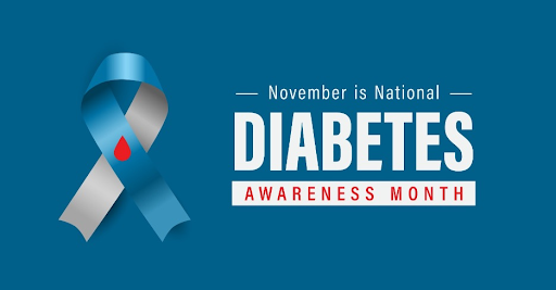 Banner with blue background and a blue and silver awareness ribbon with a red tear drop. The words are “November is National Diabetes Awareness Month."