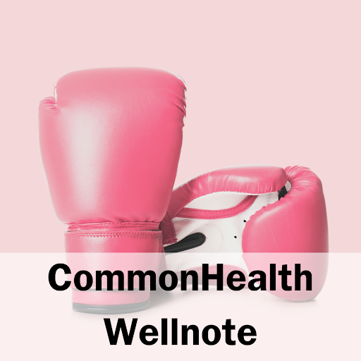Pink background and a photo of a pair of pink and white  boxing gloves. Text in black: “CommonHealth Wellnote.”