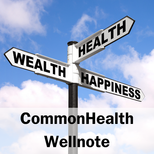 Stock photo of white and black metal street sign against a background of bright blue sky and fluffy white clouds. The three signs on the signpost read, in all-black capital letters, "HEALTH," WEALTH," and "HAPPINESS." At the bottom of the photo are the words "CommonHealth Wellnote," also in black. 