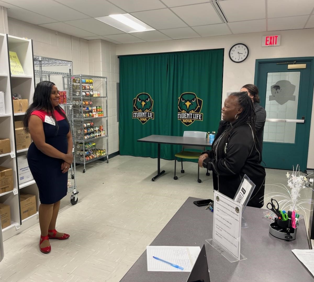 Majority Leader Charniele Herring talks with Dean of Student Success Dr. Kathleen Odige at the Alexandria Campus