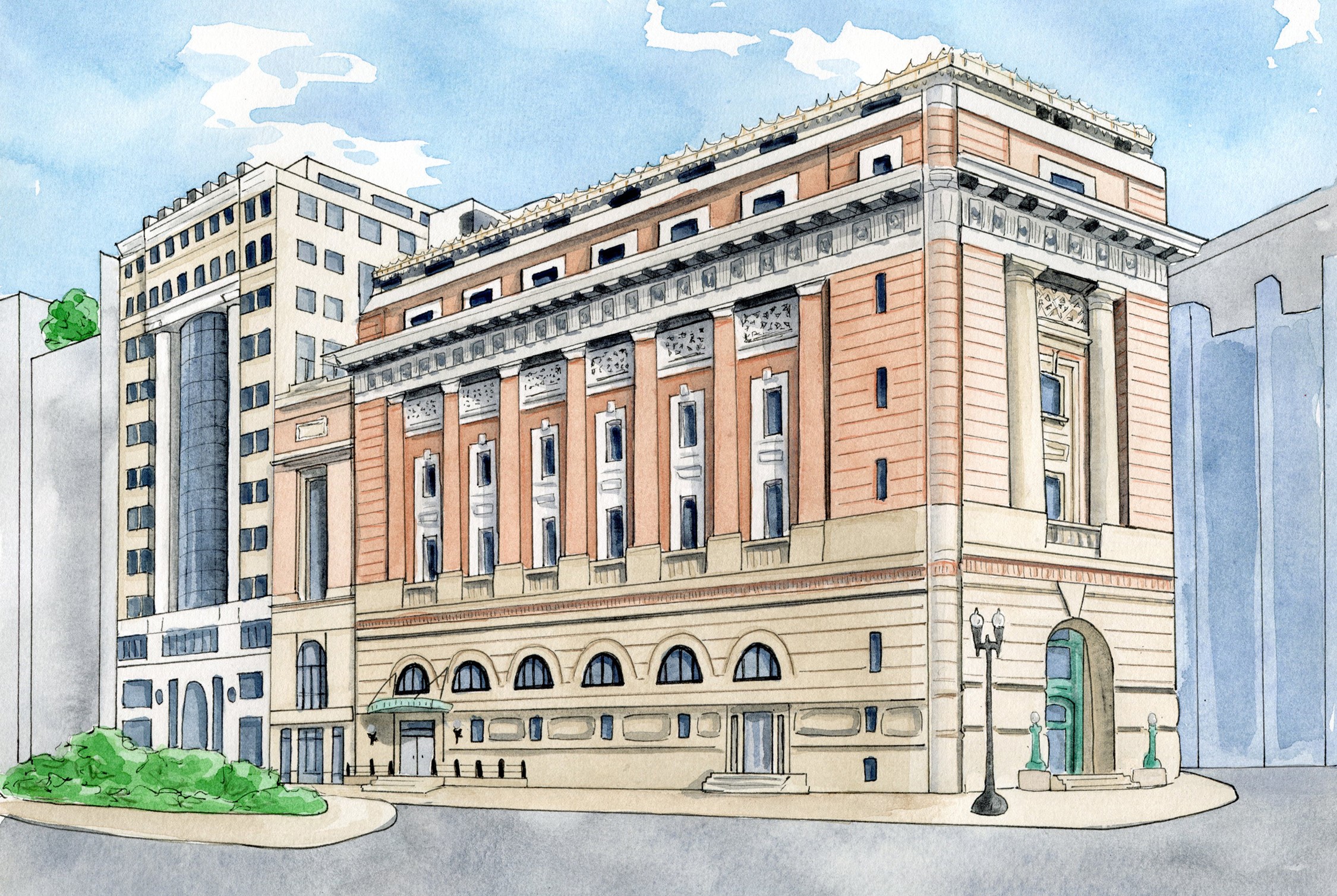A pastel rendering of the National Museum of Women in the Arts building in Washington, D.C.