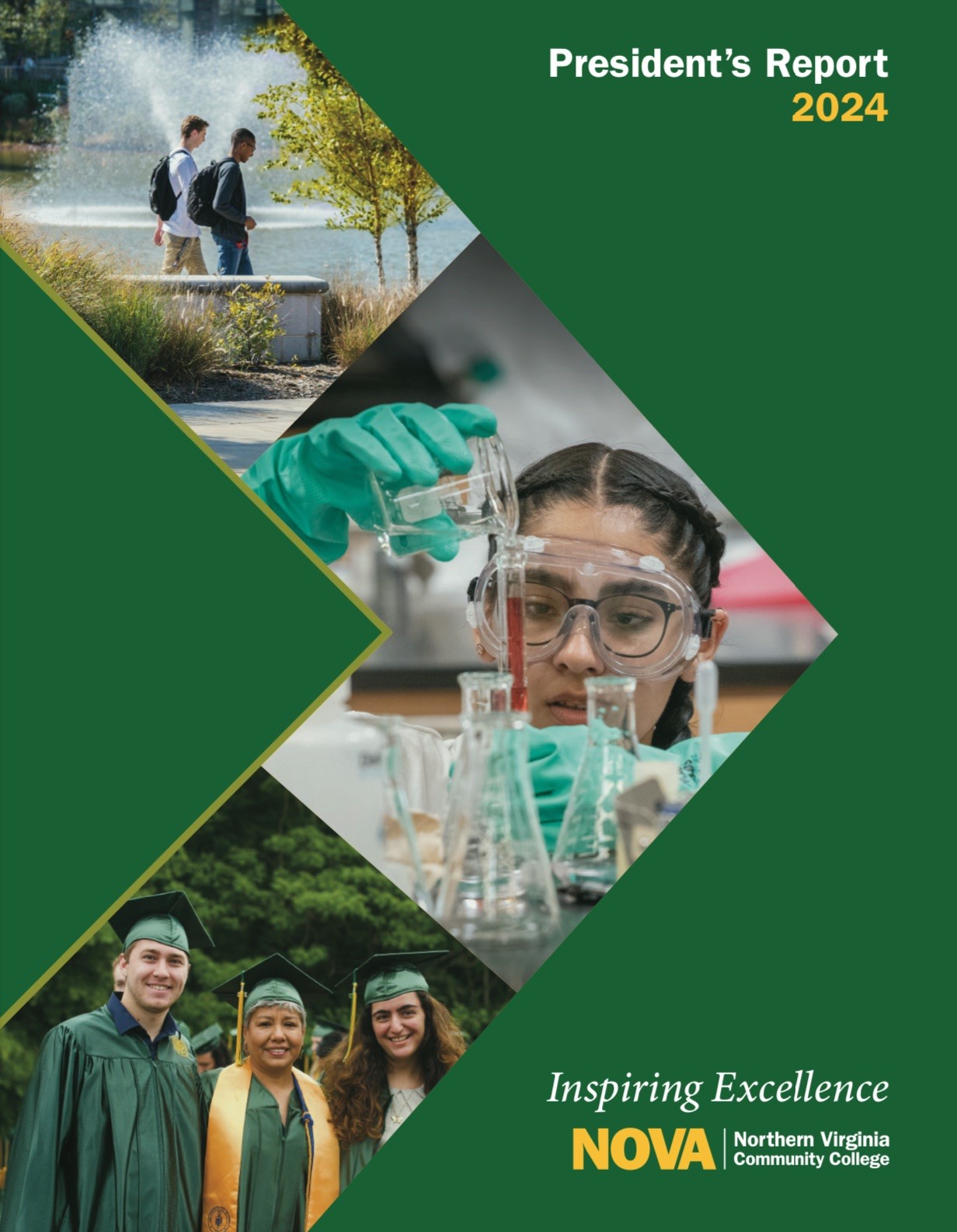 2024 President's Report Cover. Green background with an arrow made of photos: Two men walking by a pond and fountain on one of our campuses, a student pouring liquid from a beeker into a vial, three graduates wearing their commencement regalia. Top right of the cover, President's Report 2024. Bottom right of cover, Inspiring Excellence and green and white NOVA logo.