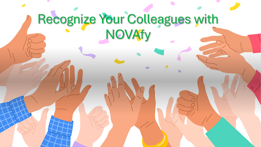 Diverse hands raised in celebration with colorful confetti falling. Green Text: "Recognize Your Colleagues with NOVAfy.”