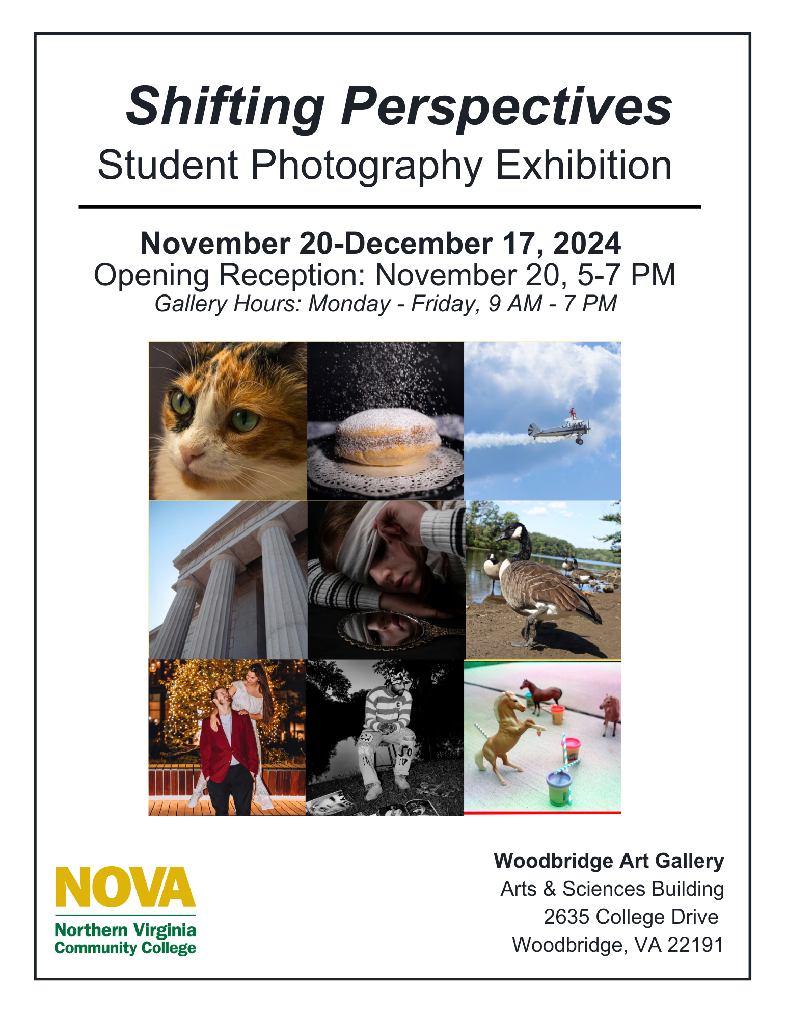 Flyer: White background with black text: Shifting Perspectives Student Photography Exhibition. Horizontal line: November 20 - December 17, 2024. Opening Reception: November 20, 5 p.m. until 7 p.m. Gallery Hours: Monday through Friday, 9 a.m. until 7 p.m.  Photo collage with 9 photos, 3 over 3: Top left: a calico cat (grey, orange and white with green eyes); macaroon on a lace doiley with powdered sugar falling from above; a small plane leave a contrail behind it on a bright blue sky with billowy clouds; marble columns on the National Archives in Washington DC; a male person with his head down on his arm looking into his reflection in a mirror on the table; A Canadian goose standing on one leg near a small pond with other geese in background; man sitting on low brick wall with a woman directly behind him holding his shoulders with beautiful fall leaves on a tree behind them; black and white photo of man wearing a straw hat, blue jeans, suspenders and a wide striped sweater, photo magazines are spread out in front of him; Small plastic horses on a game board, with one rearing up as if it is resisting jumping over a fence made of straws. Bottom of flyer: yellow and green NOVA logo and Woodbridge Art Gallery address: Woodbridge Art Gallery Arts & Sciences Building 2635 College Drive, Woodbridge, VA 22191