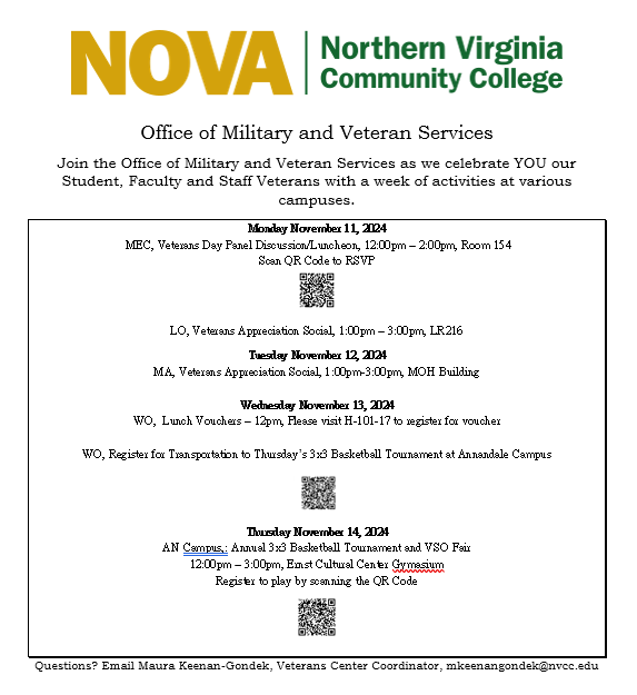 FLYER: Green and Gold NOVA logo on white background. Black Text: Office of Military and Veteran Services. Join the Office of Military and Veteran Services as we celebrate YOU our student, faculty and staff veterans with a week of activities at various campuses. Box with event names, dates and QR codes to RSVP:
Monday, November 11, MEC, Veterans Day Panel Discussion/Luncheon, 12 p.m until 2 p.m., MEC, Room 154. QR Code to RSVP:
Loudoun, Ceterans Appreciation Social, 1 p.m. until 3 p.m., Loudoun Campus, LR-216
Tuesday, November 12
Manassas Veterans Appreciation Social, 1 p.m. until 3 p.m., MOH Building
Wednesday, November 13,
Woodbridge lunch Vouchers, 12 p.m. Please visit H-101-17 to register for voucher.
Woodbridge register for transportation to Thursday's 3x3 Basketball Tournament at Annandale Campus. QR Code:
Thursday, November 14:
Annandale Campus Annual 3x3 Basketball Tournament and VSO Fair, 12 p.m. until 3 p.m., Ernst Community Cultural Center Gym. Register to play by scanning the QR Code:
If you require assistance accessing the QR codes or registering for any event, please contact Maura Keenan-Gondek, Veterans Center Coordinator, Mkeenangondek@nvcc.edu
Questions? Email Maura Keenan-Gondek, Veterans Center Coordinator, mkeenangondek@nvcc.edu