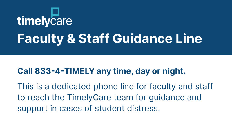 Graphic advertising TimelyCare's Faculty & Staff Guidance Line. The TimelyCare logo appears at the top in light blue and white.

The content is organized in three key parts:

A prominent header: "Faculty & Staff Guidance Line"
The contact information: "Call 833-4-TIMELY any time, day or night."
A descriptive statement: "This is a dedicated phone line for faculty and staff to reach the TimelyCare team for guidance and support in cases of student distress."