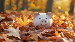 Photo: Pink ceramic piggy bank sitting in the woods amidst fall leaves.