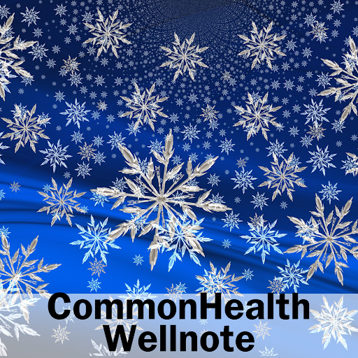 Image: Bright blue swrling background with white and blue snowflakes of varying sizes falling. Band at bottom: CommonHealth Wellnote
