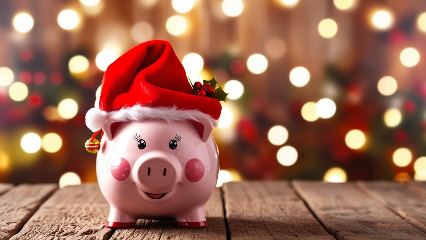 A pink piggy bank is on a wooden surface set against a blurred background of warm, twinkling holiday lights wearing a Santa Clause hat and a happy, smiling expression.